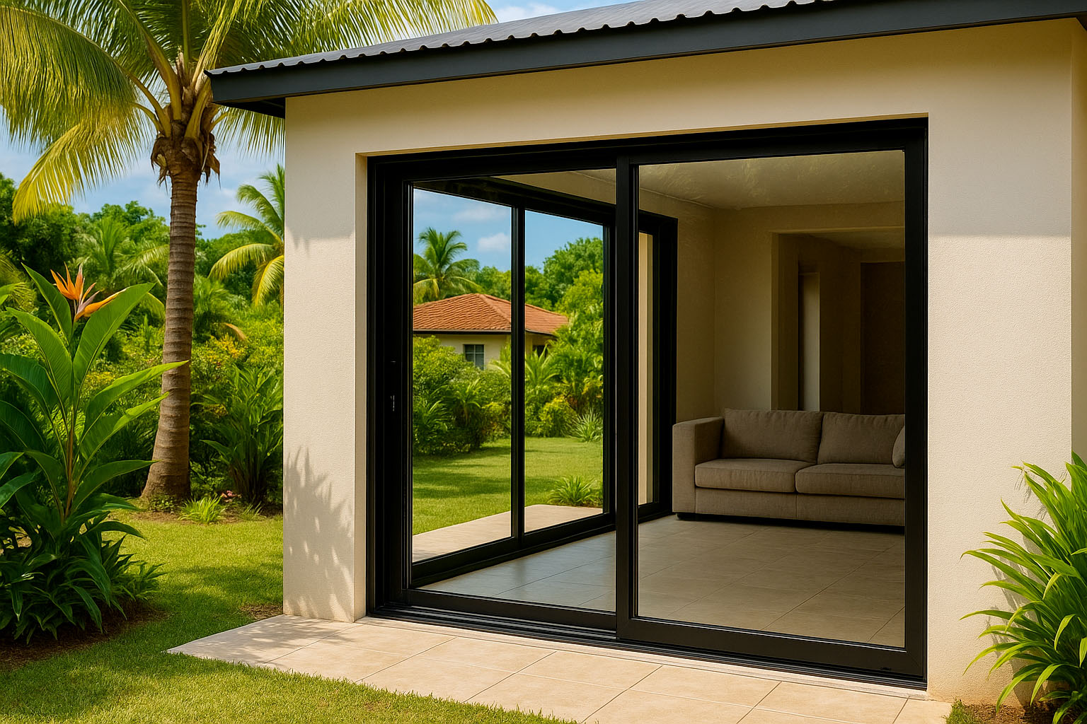 Baie vitrée aluminium noire installée dans une maison moderne à Cayenne
