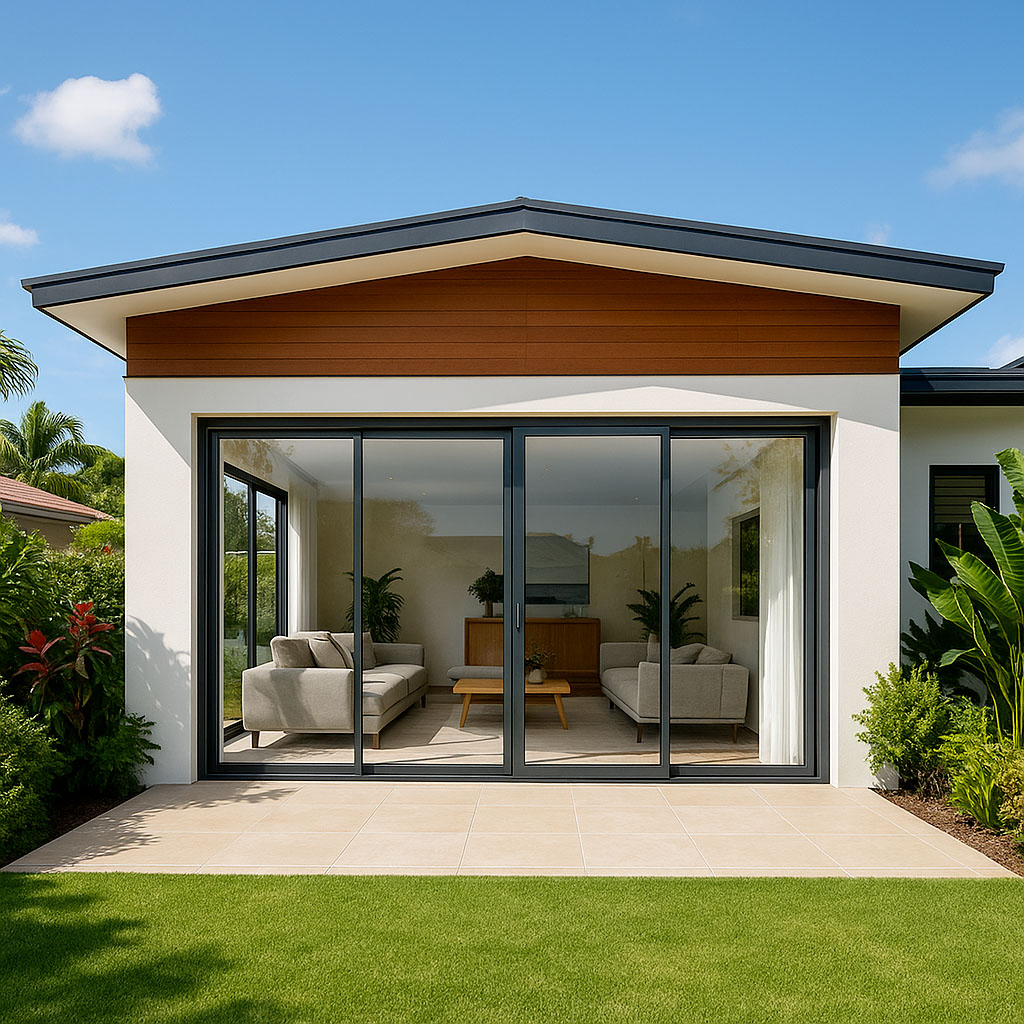 Baie vitrée aluminium noire sur une maison moderne à Cayenne