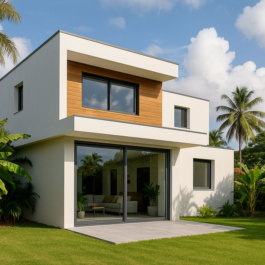 Maison moderne à Cayenne avec menuiseries aluminium : fenêtres, baie vitrée
