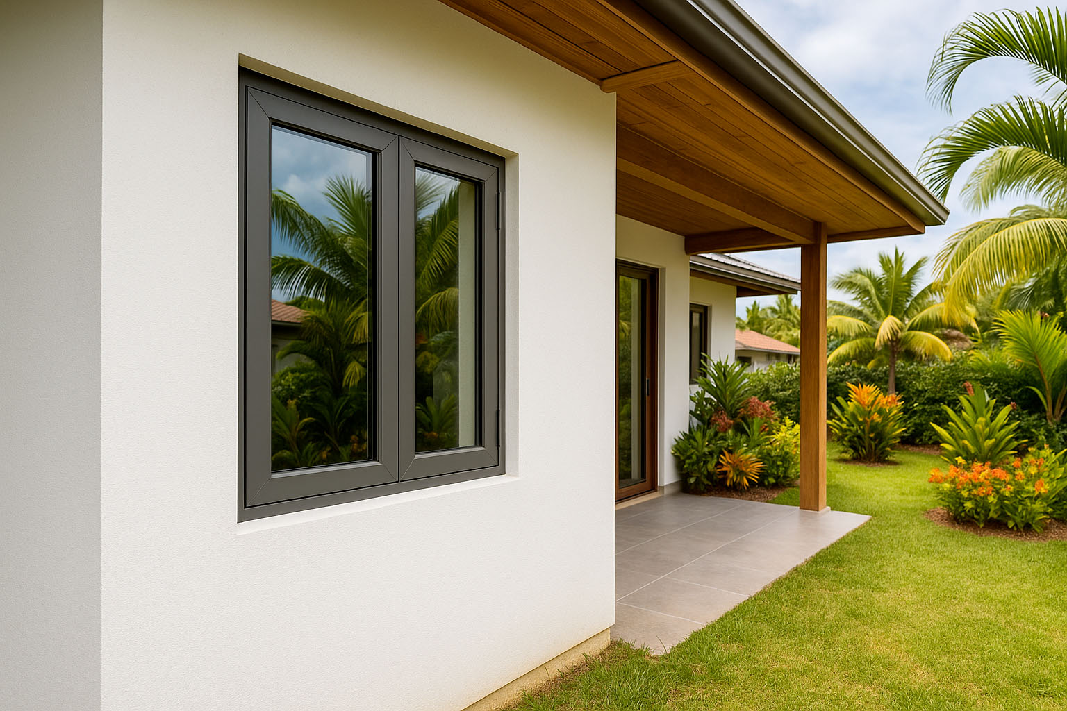 Fenêtre aluminium noire battante sur maison moderne à Cayenne