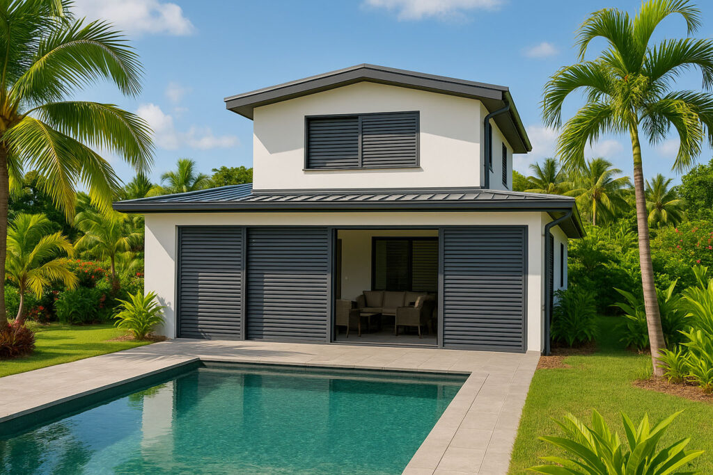 Jalousie aluminium sans poignée posée sur une maison moderne à Cayenne
