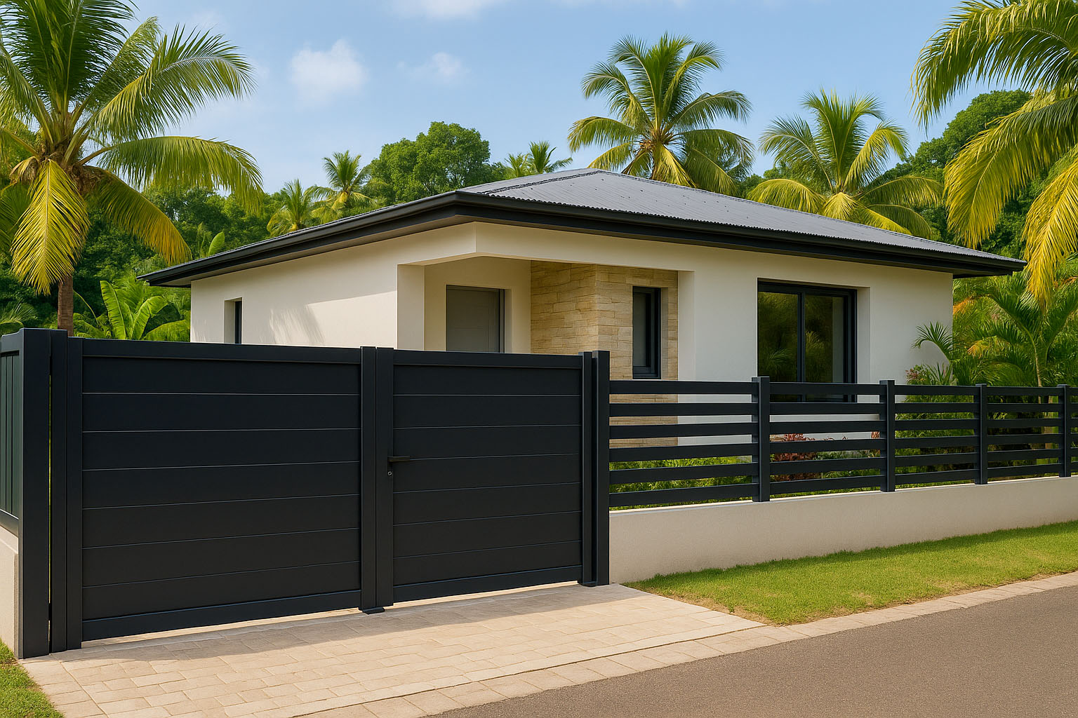 Portail aluminium noir moderne installé à Cayenne devant une maison contemporaine