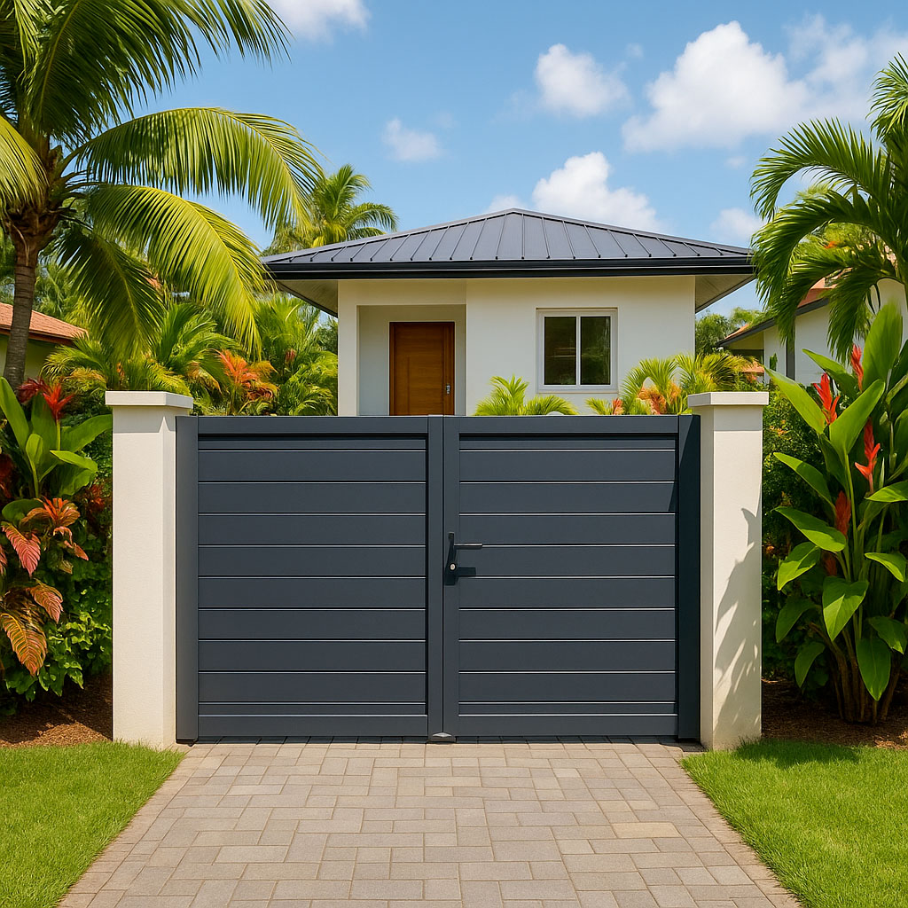 Portail aluminium noir installé devant une maison moderne à Cayenne