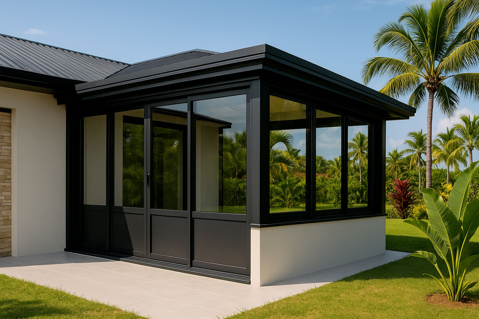 Véranda aluminium noire sur maison moderne à Cayenne