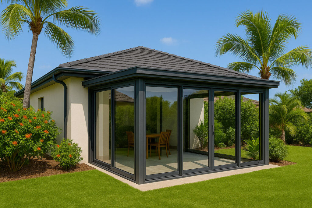 Véranda aluminium noire sur maison contemporaine à Cayenne