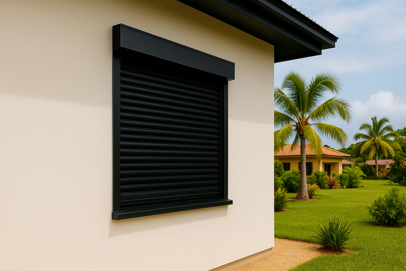 Volet aluminium noir installé sur une maison moderne à Cayenne
