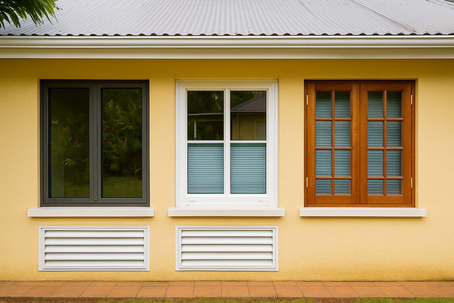 Comparatif visuel de fenêtres en aluminium, PVC et bois dans une maison à Cayenne