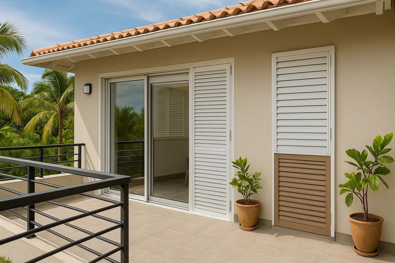 Terrasse aménagée à Cayenne avec garde-corps et menuiserie aluminium