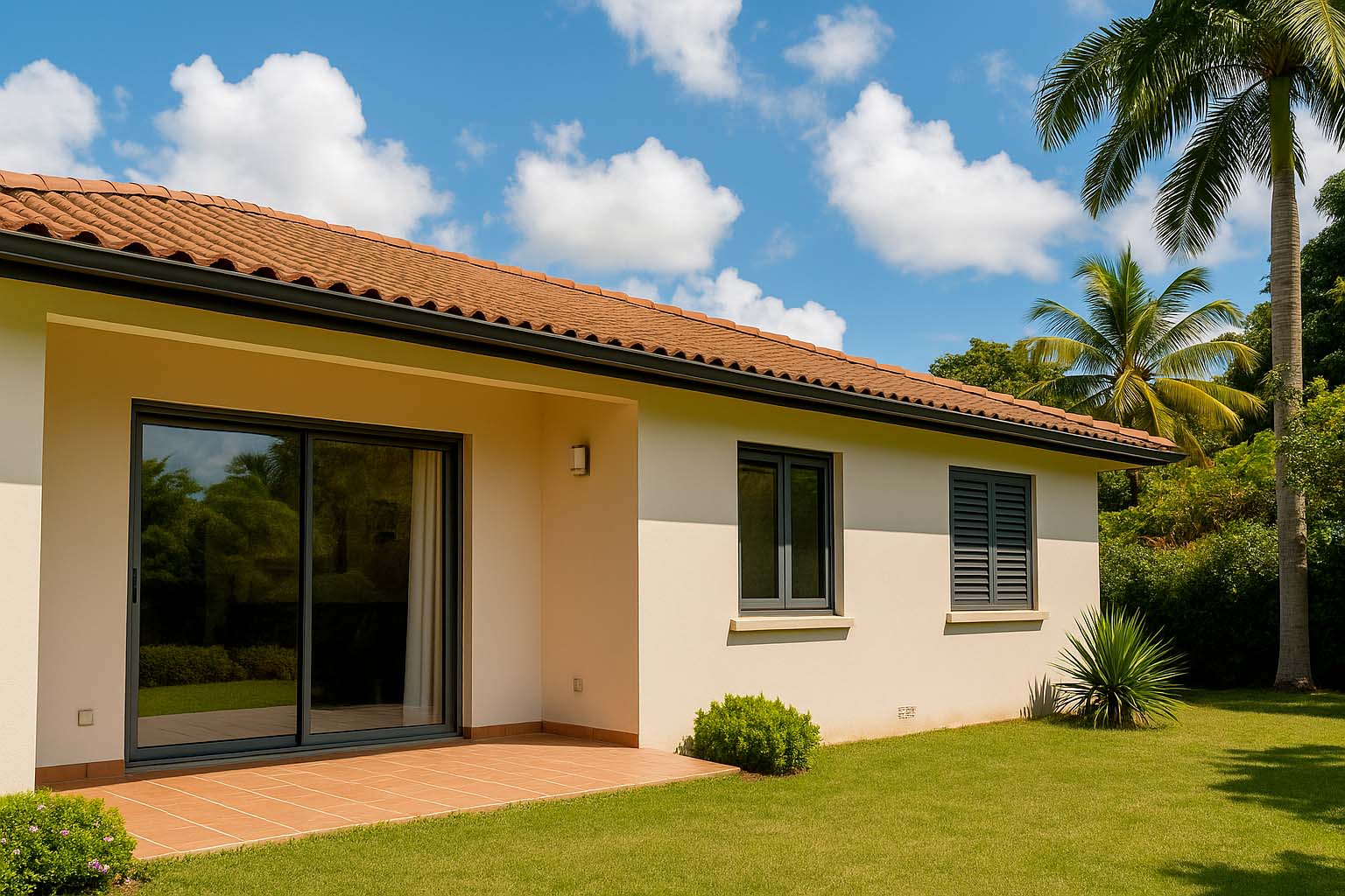 Maison guyanaise équipée de menuiseries aluminium pour réduire la chaleur intérieure