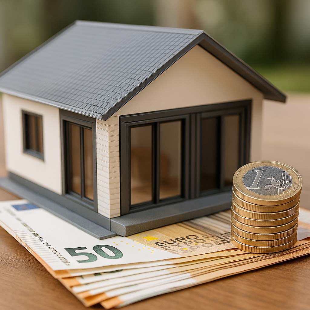 Modèle réduit de maison posée sur une pièce d’euro, symbolisant la menuiserie aluminium économique à Cayenne
